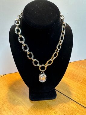 Chunky Silver Chain Necklace with Clear Crystal Pendant